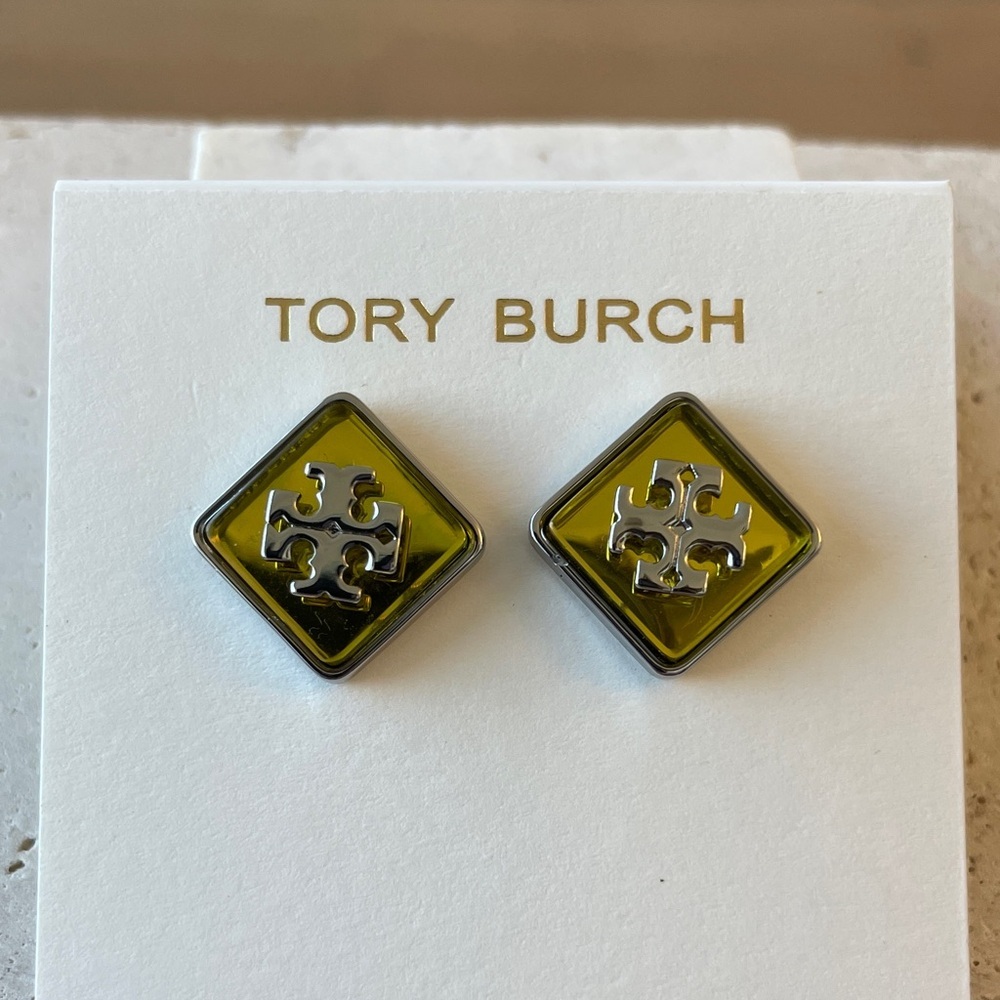 Tory Burch Logo Stud Earrings Olive Green Square Gold Silver Tone